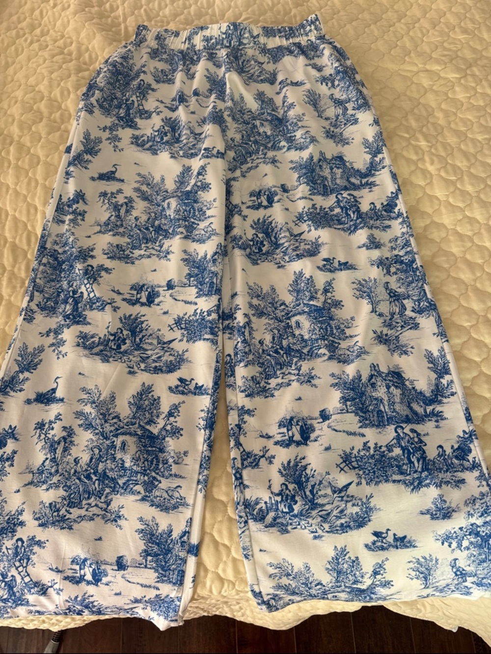 Blue and White Toile Wide Leg Pants